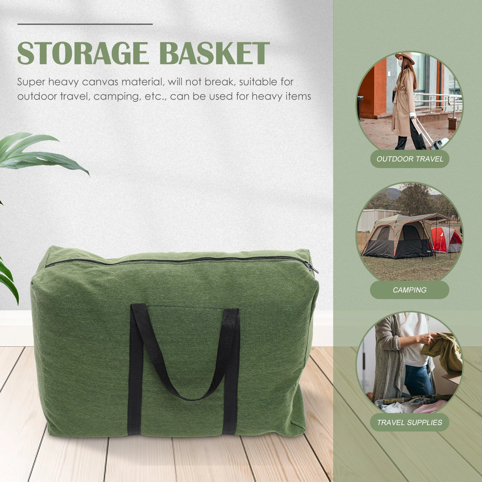 กระเป๋าเดินทางผ้าแคนวาสสีเขียวมะกอกขนาดใหญ่ 1 ใบ พร้อมหูหิ้ว ซิปเรียบ กระเป๋าใส่ของสำหรับเดินทางช่วงสุดสัปดาห์หรือเล่นกีฬา