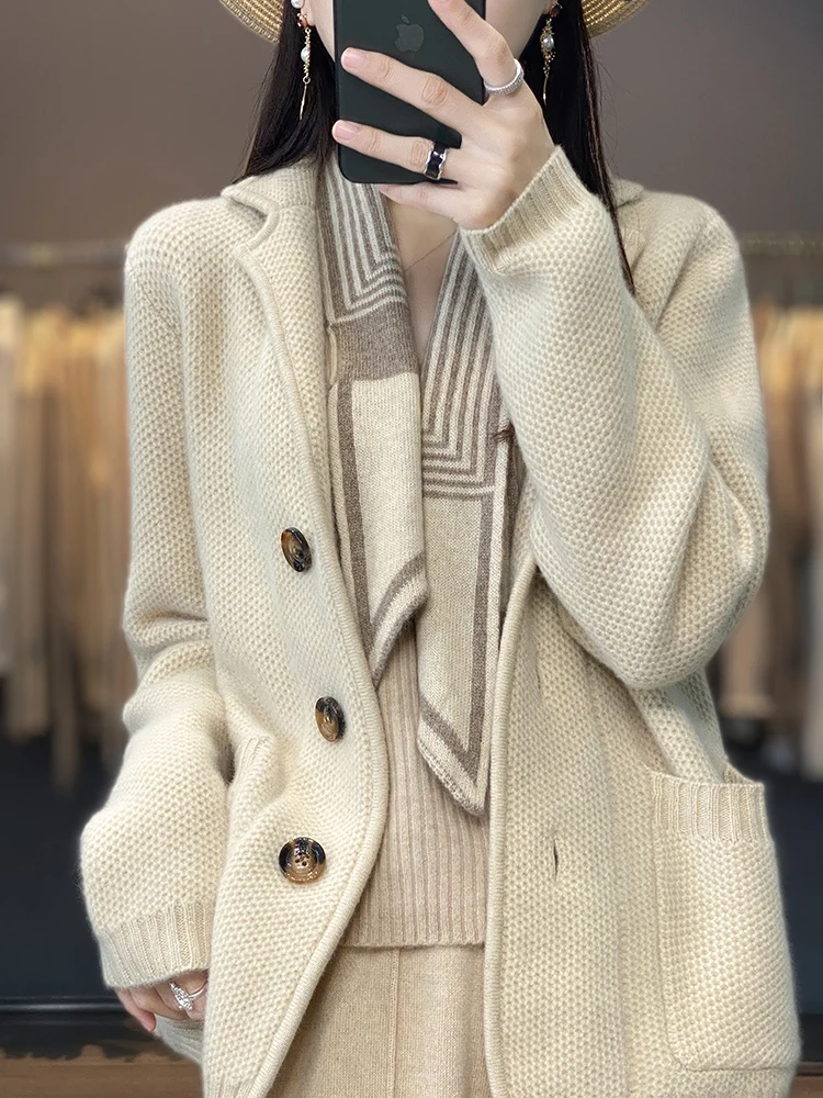 100% Merino Wool Cardigan Women\'s Suit Collar CashmereCoat Casual Knitting Thickened Jacket Fashion Korean Autumn Winter Tops