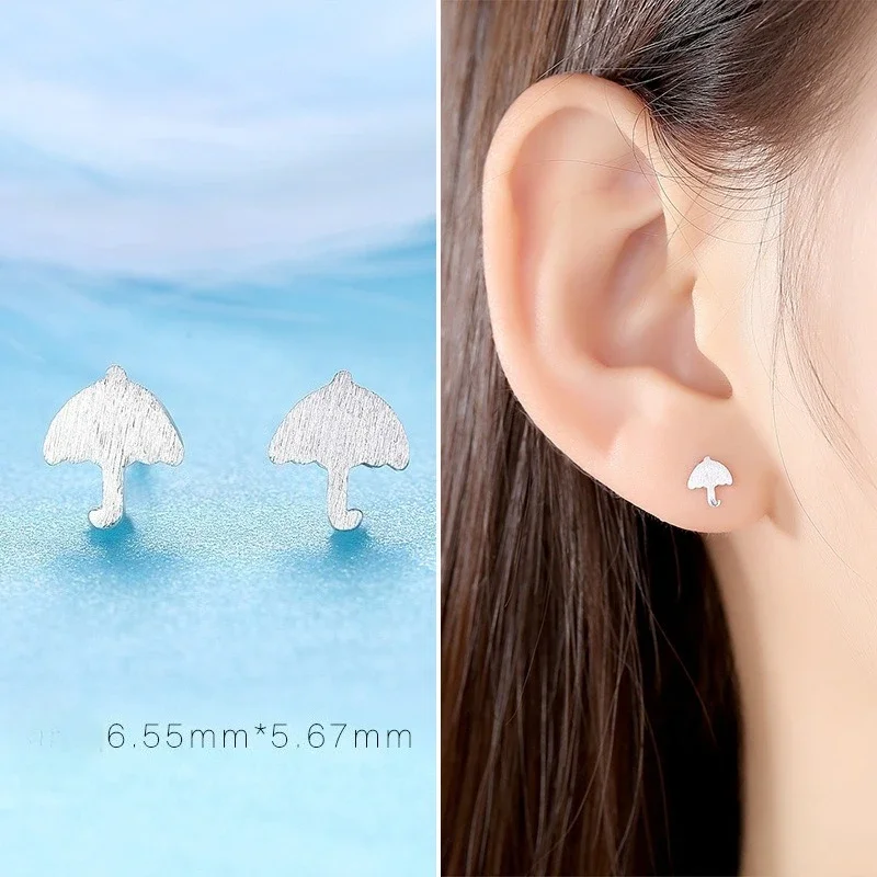 Playful Mini 925 Sterling Silver Metal Brushed Umbrella Stud Earrings for Women Exquisite Jewelry Designer Accessories Colorfast