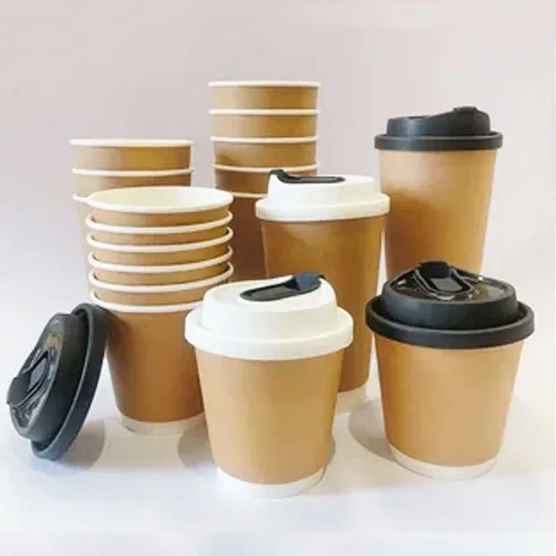 50 Stuks Geïsoleerde Kraftpapier Koffiekopjes Wegwerp Dubbelwandige Papieren Bekers Pp Deksels Cafés Office Home Party Activiteit Papieren Bekers