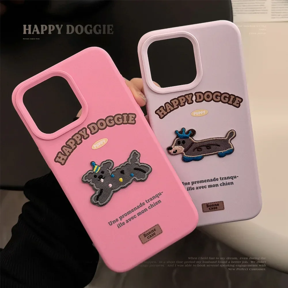 Ins Niche Style Embroidered Puppy Phone Case for IPhone16 15 14 12 13 11 Pro ProMax Plus X XR Shockproof Phone Cover