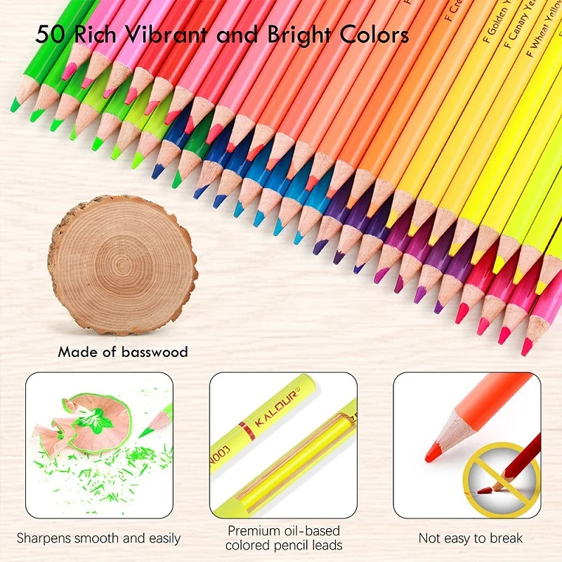 Kalour 50pcs Colored Pencils Painting Stationery Vibrant Bright Coloring Pencil Macaron/Metallic/Fluorescent Drawing Sketching