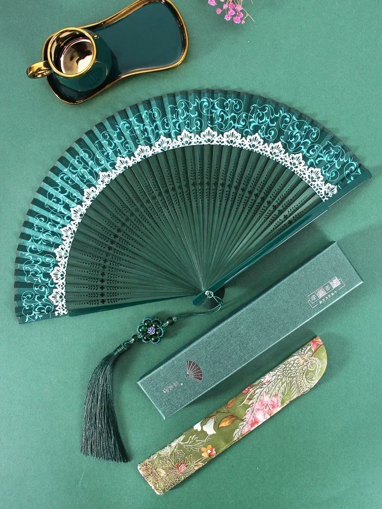 Elegant Retro Folding Fan Exquisite Carved Solid Color Hand Fan Translucent Hanfu Cheongsam Decorative Ventilador Dance Abanico