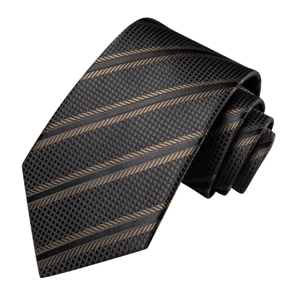 2023 Luxury Striped Black 8.5cm Business Ties For Men Silk Jacquard Woven Mens Necktie Brooch Cufflink Hanky Set Hi-Tie Designer