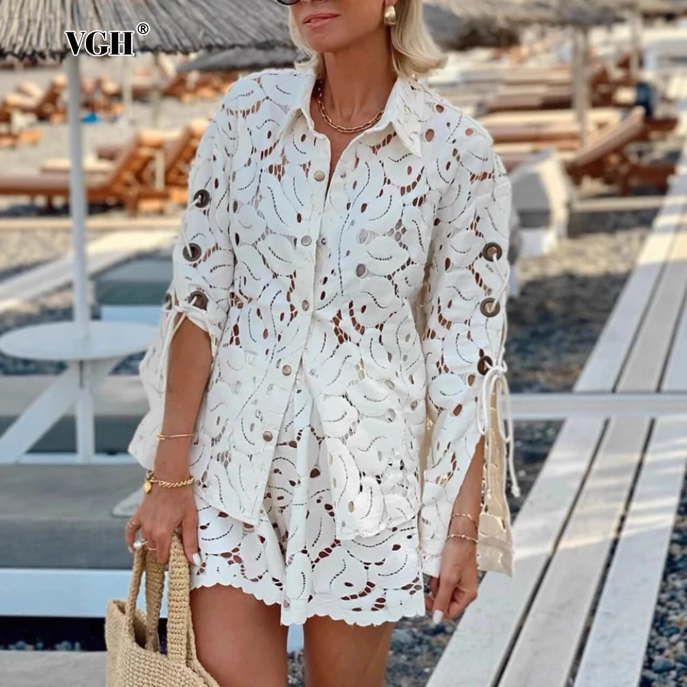 

VGH Casual Hollow Two Piece Set for Women Lapel Long Sleeves with Lace Up Shirt High Waist Loose Shorts Fashionable Suit Female