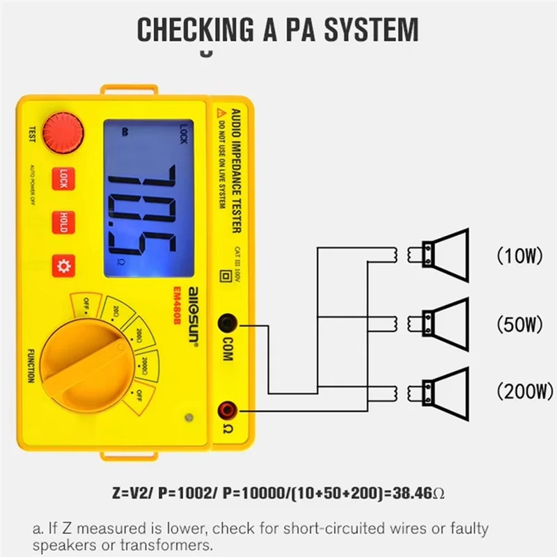 ABLN-All Sun EM480B Probador de impedancia de audio Función de temporizador de 1 Khz Rango de prueba de retención de datos 20/200/2000