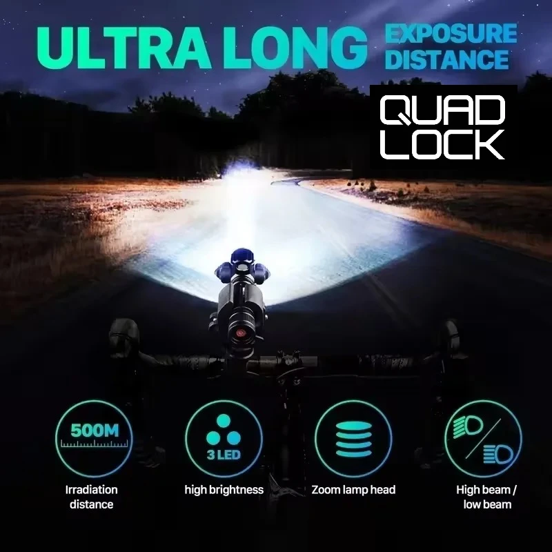 

QUAD LOCK Flashlight Usb Rechargeable Waterproof Bicycle Front Light Lamp 3led Searchlight Night Riding Bright flash light