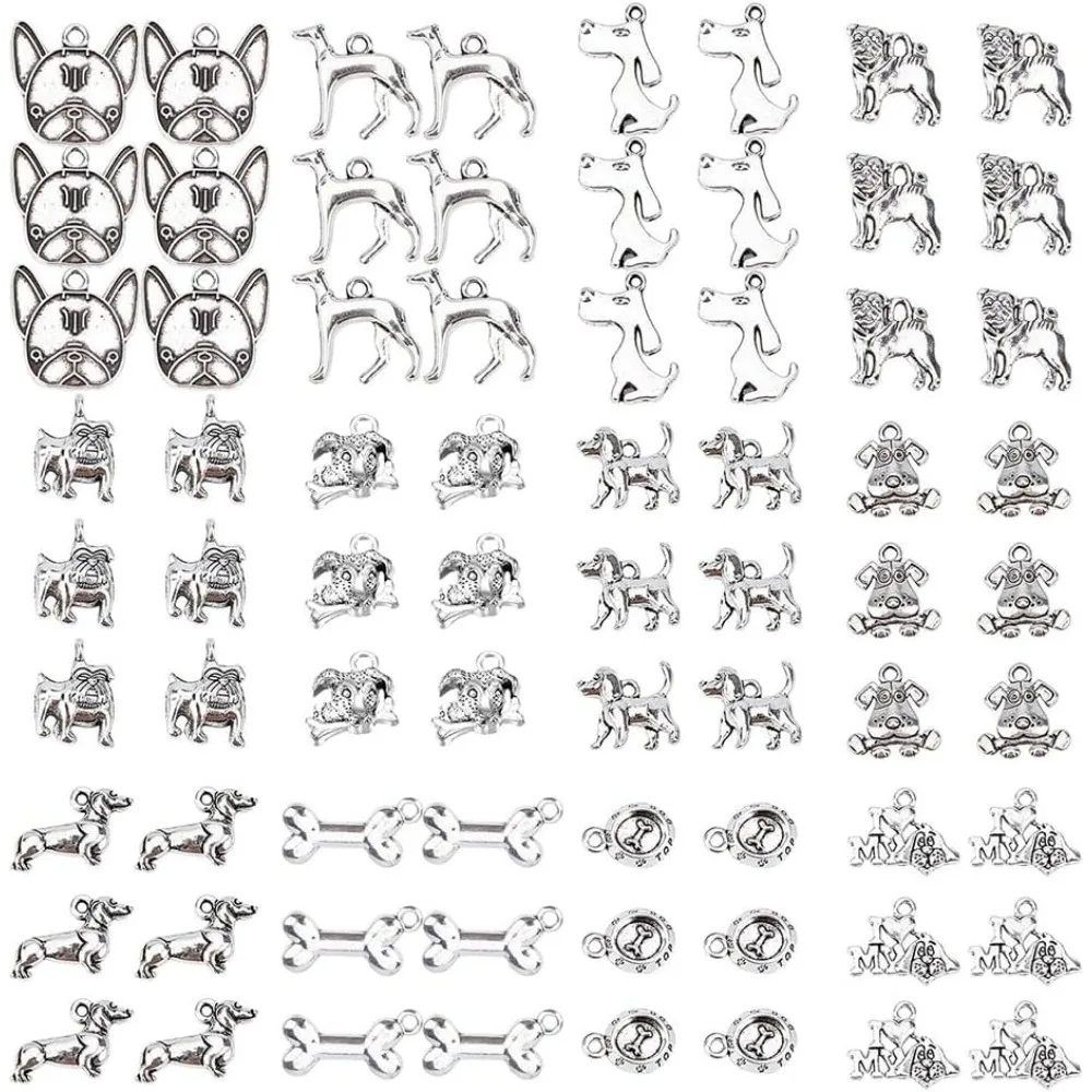 72pcs 12 Styles Tibetan Alloy Animals Dogs Charms Pendants Pet Puppy Dog Beads Charms with Hole for DIY Bracelet Necklace