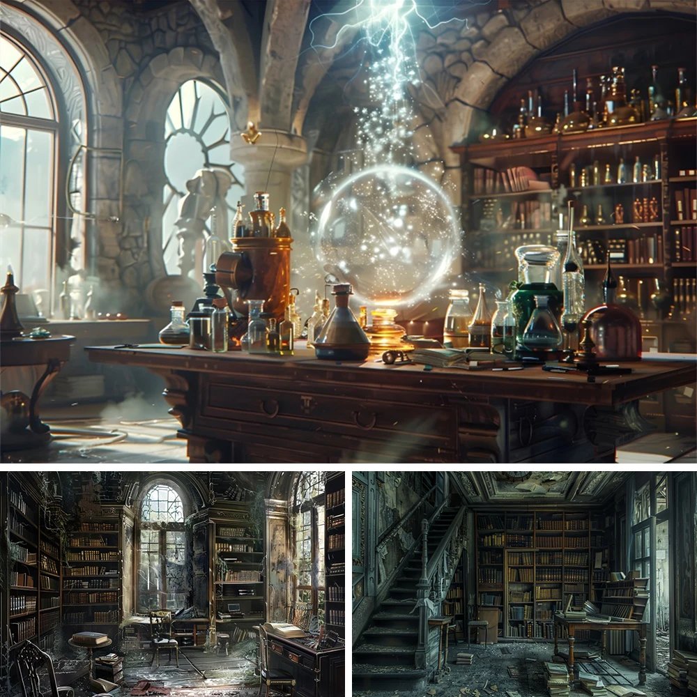 

Disused Library Vintage Lab Ruins Photography Background Broken Room Magic Halloween Party Horror Theme Banner Photo Studio Prop