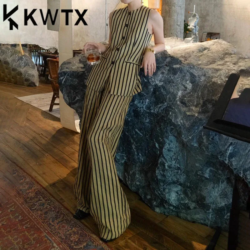 

KWTX Women’s Linen-Cotton Waistcoat Wide-Leg Pants Set Striped Luxury Chic Spring Summer 2025 Outfit Elegant Minimalist Design
