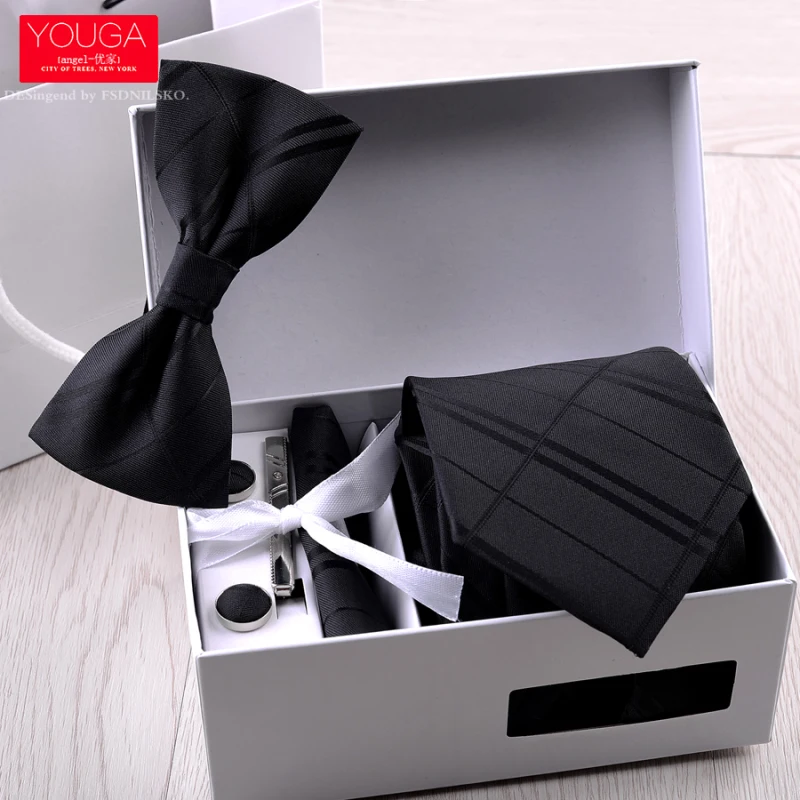 High Quality Men's Tie 8CM Wide Edition British Style Set Formal Banquet Business Black Striped Flower Fashionable Tie Gift Box