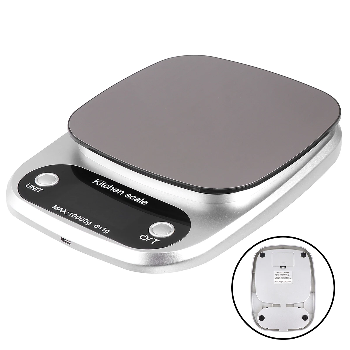 

1PC 10kg/1g Rechargeable Kitchen Scale Stainless Steel Accuracy LCD Display Digital Scale Measurement Tool (Silver)