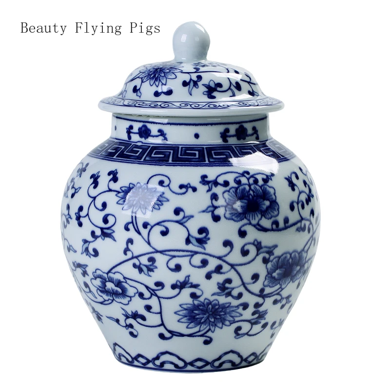 

Blue and white pottery with cover antique general pot storage tea pot Chinese home decoration decorations tea canister