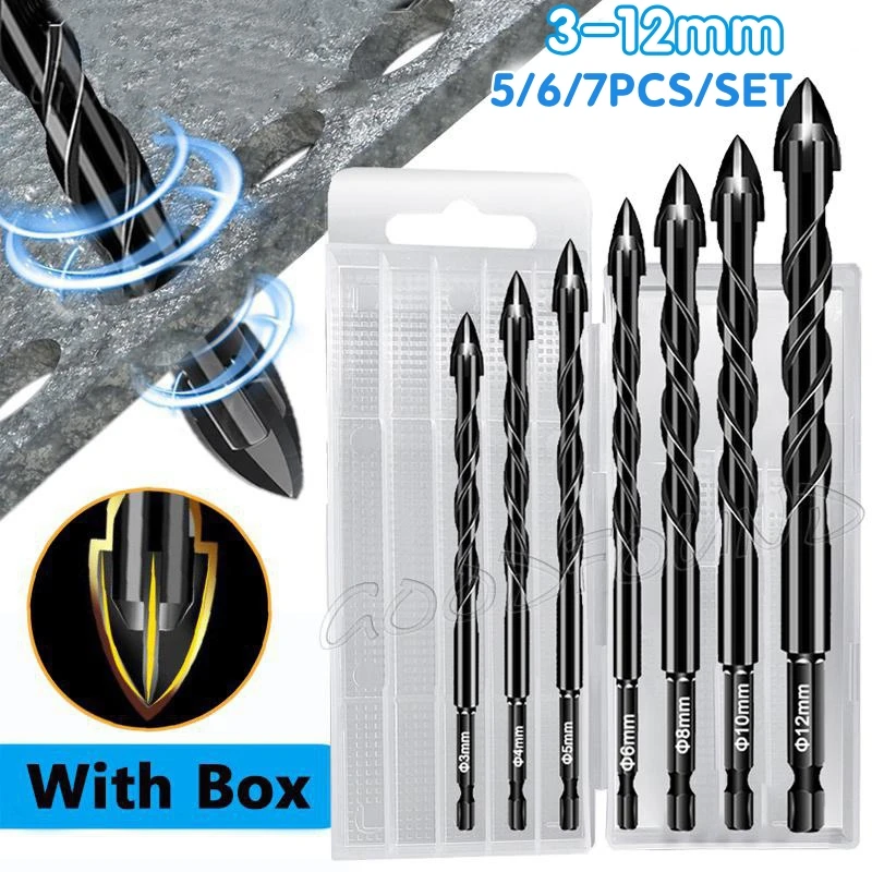 7Pcs Hex Masonry Drill Bits 1/4 Shank Titanium Steel Metal Cross Drill For Glass Ceramic Concrete Brick Hard Drill Bit Set Tools