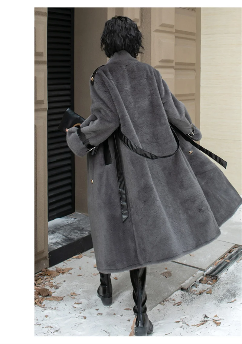 ZAROY Faux Fur Patchwork Leather Women Long Coat Winter Elegant Double-breasted Belt Thick Warm Overcoat Snow Jacket Outerwear