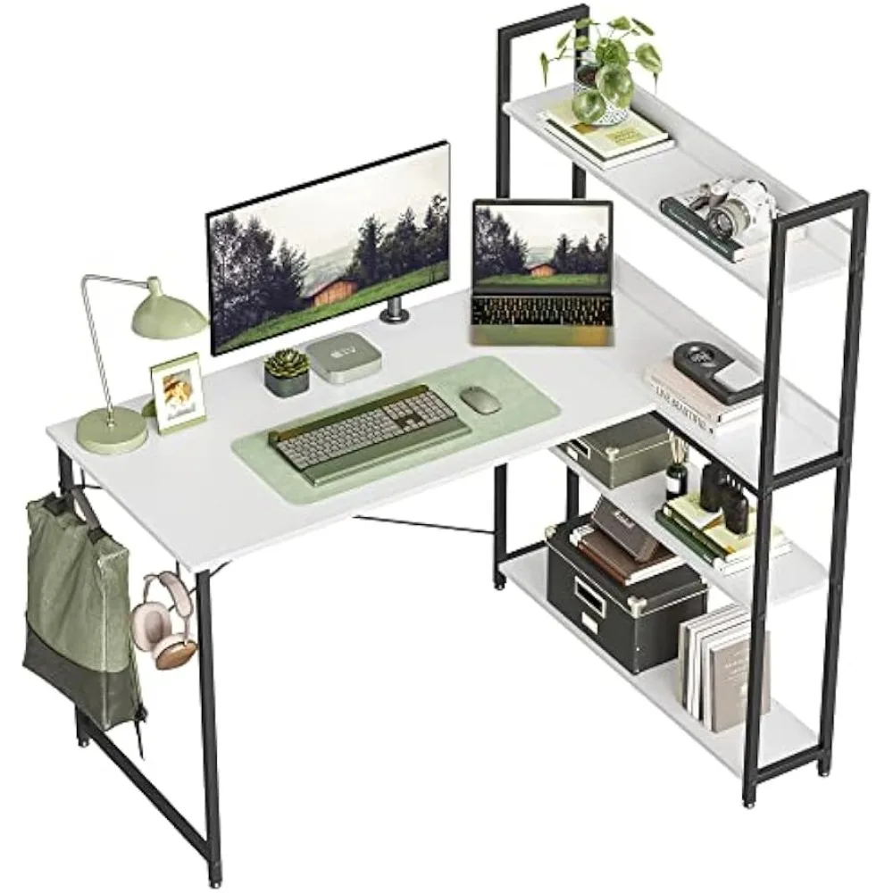 Computer Hoekbureau Met Opbergplanken, 47 Inch L-Vormig Bureau Met Boekenplank, Bureau Aan Huis Met Haken