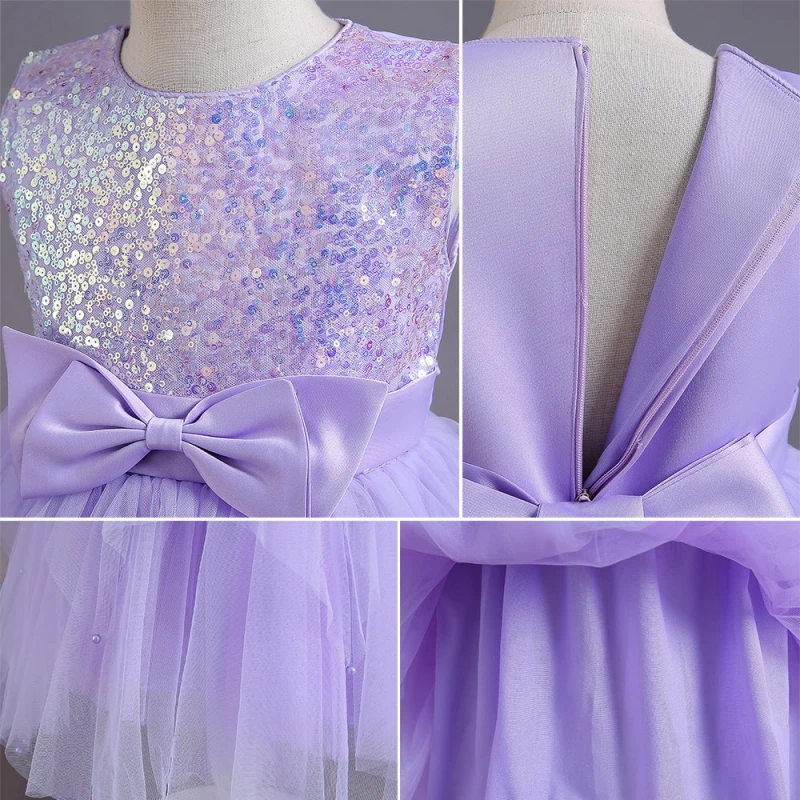 3 5 to 10 Years Flower Girl Elegant Luxury Sequin Hallowe Dresses Kids Bridesmaid Wedding Party Prom Lilac Gala Birthday Clothes