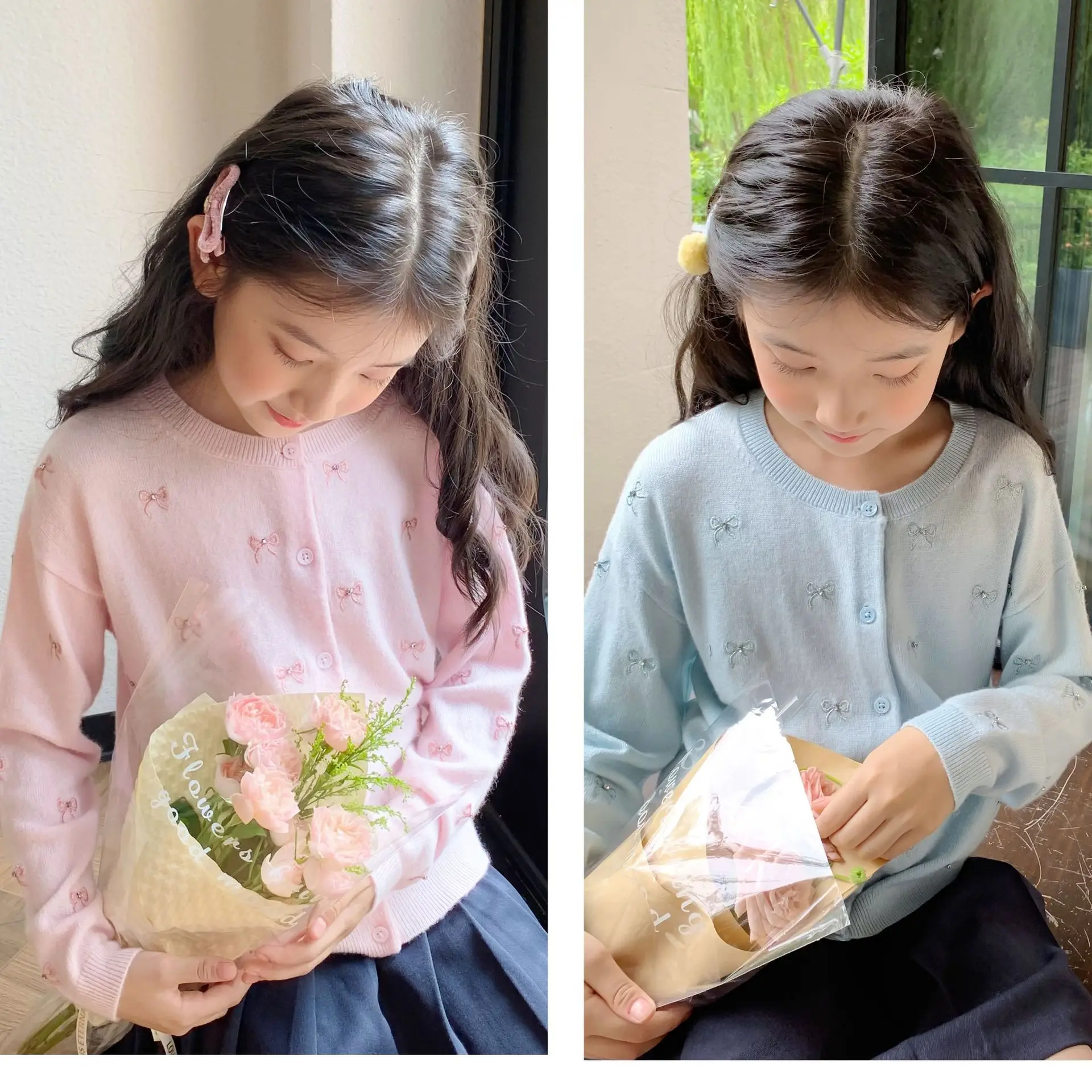 

25 Winter New Sweet Rhinestone Embroidered Diamond Knot Bow Wool Knitted Sweater Cardigan for Kids Girls