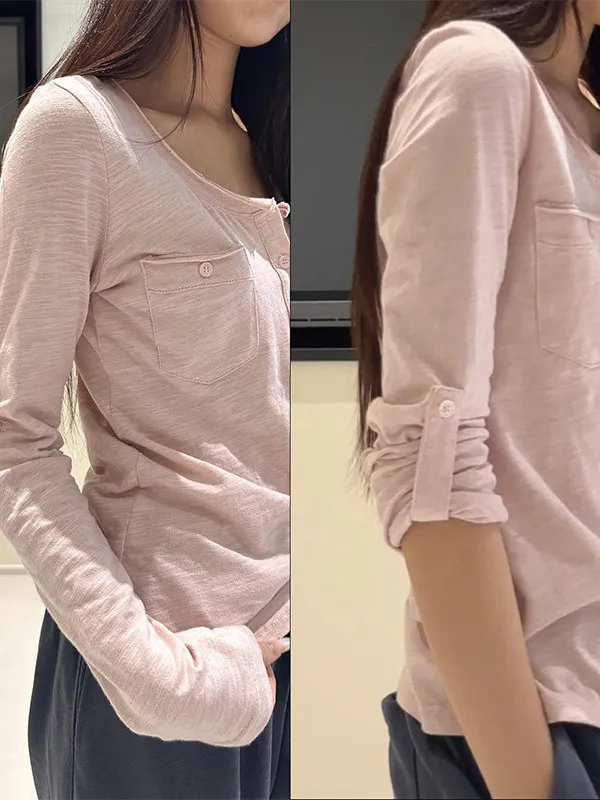 Loose Long Sleeve T-Shirt Women's Spring Autumn Casual Style Comfortable Soft Fabric Slimming Loose Feeling Top with Hem Roll...