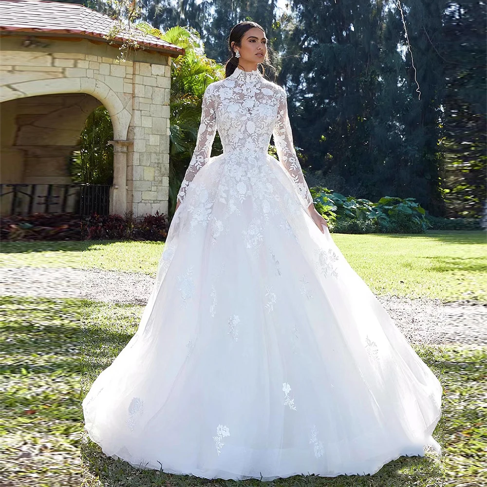 2023 abiti da sposa da donna musulmana Applique in pizzo manica lunga collo alto a-line abiti da sposa principessa muslimmuslimexodo Vestido