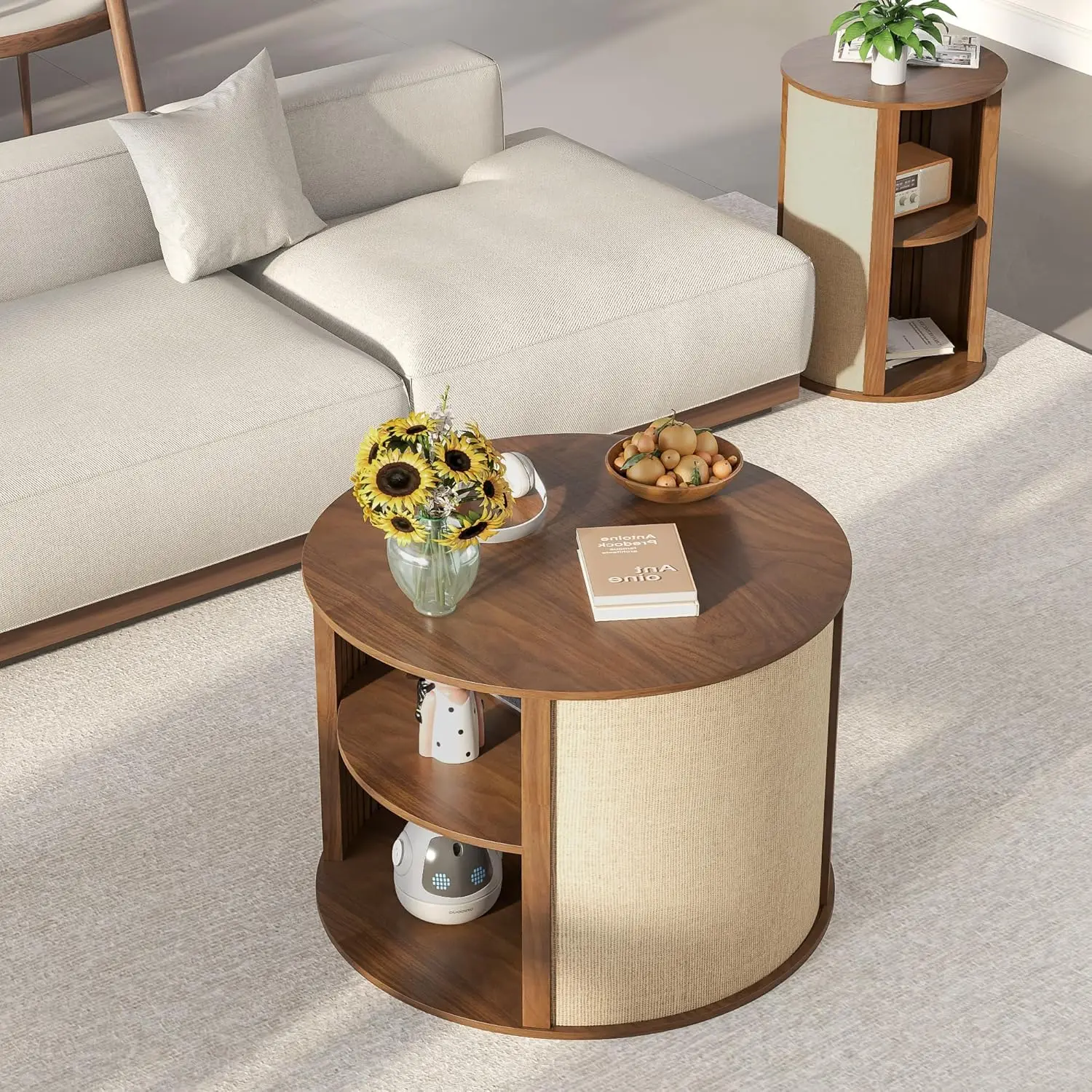 طاولة قهوة مستديرة مع مساحة تخزين، طاولة قهوة خشبية حديثة من طبقتين من بوهو لمنتصف القرن مع رف قابل للتعديل، قماش كيس