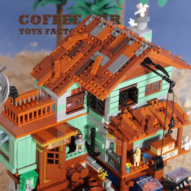 Villaggio di pesca cabina casa Micro mattoni modello negozio di pescatori mattoni MOC set City View Wharf Building Toys regali per bambini adulti