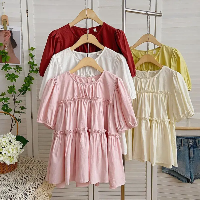 

Рубашки с объемными рукавами, корейская однотонная рубашка Babydoll, летний топ, женский 2022, элегантная молодежная однотонная повседневная рубашка с коротким рукавом, повседневная рубашка