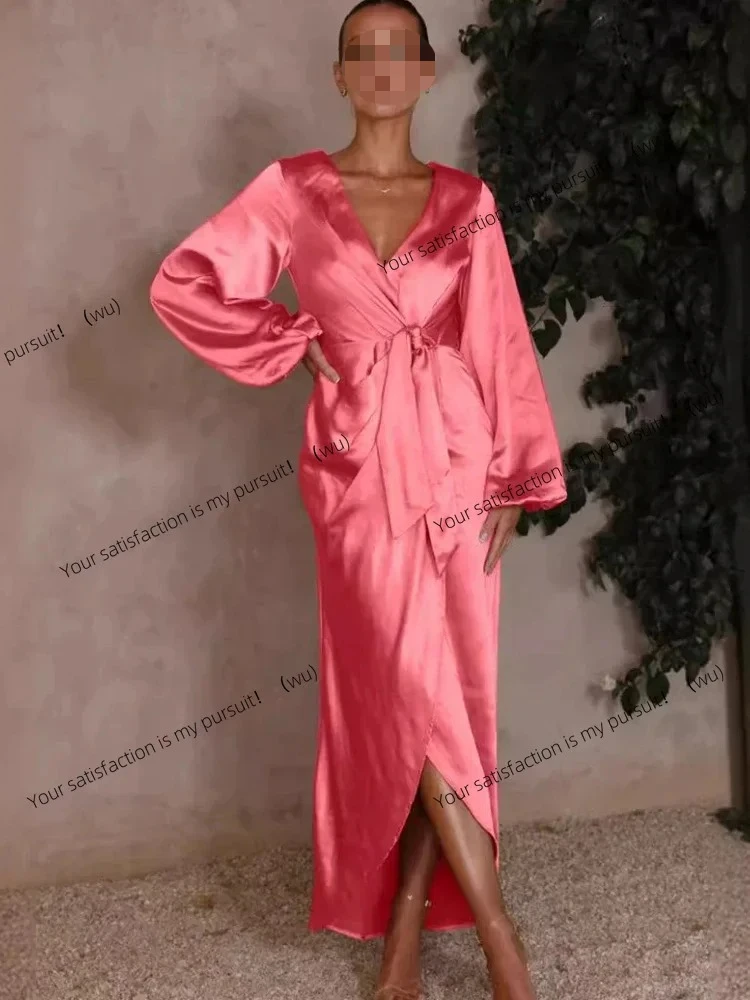 ZOCI-2025 夏の新作ファッション レディース ロールセクシー サテンロングドレス Vネック レース袖 ランタンロングドレス ホリデー