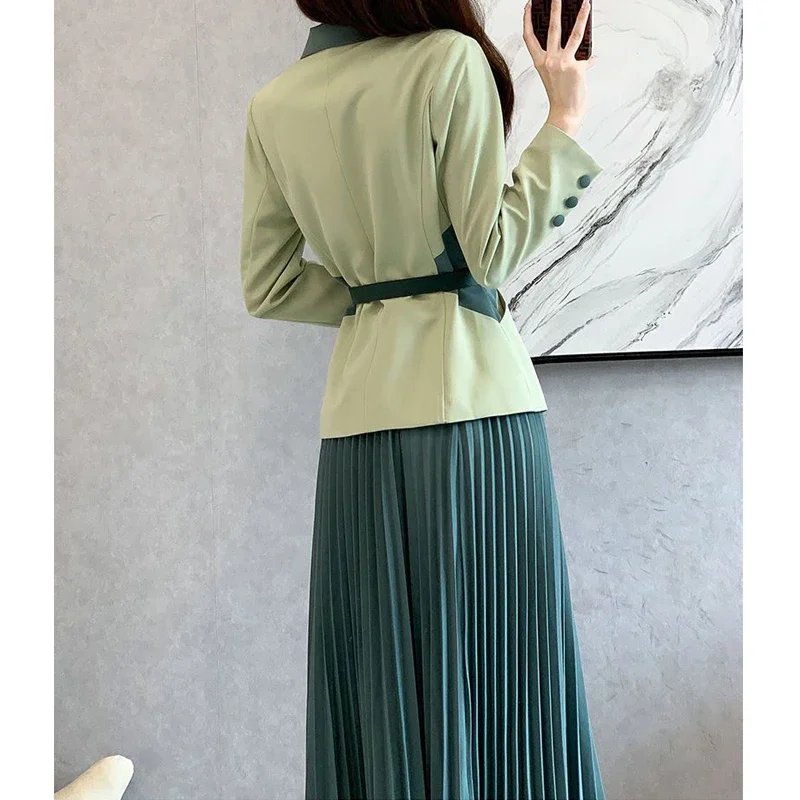 Autumn Winter Two Piece Set for Women Contrast Color Elegant Fashion Belt Office Lady Business Casual Blazer Pleated Midi Skirts