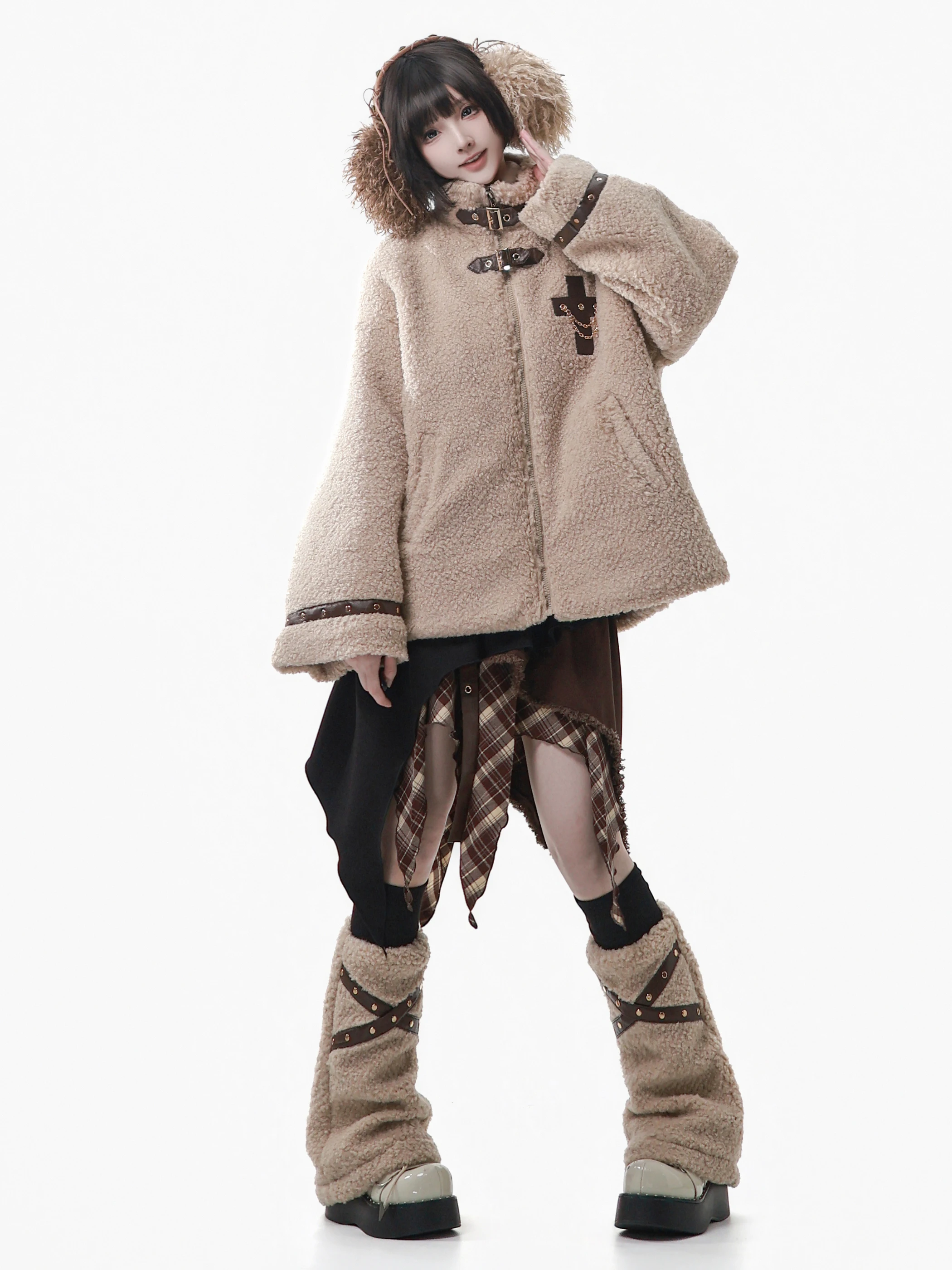 Original Punk Winter Warm Plush Jacket College Style Student Sweet Cool Fashion Faux Fur Coat Irregular Skirt Top Leg Warmers