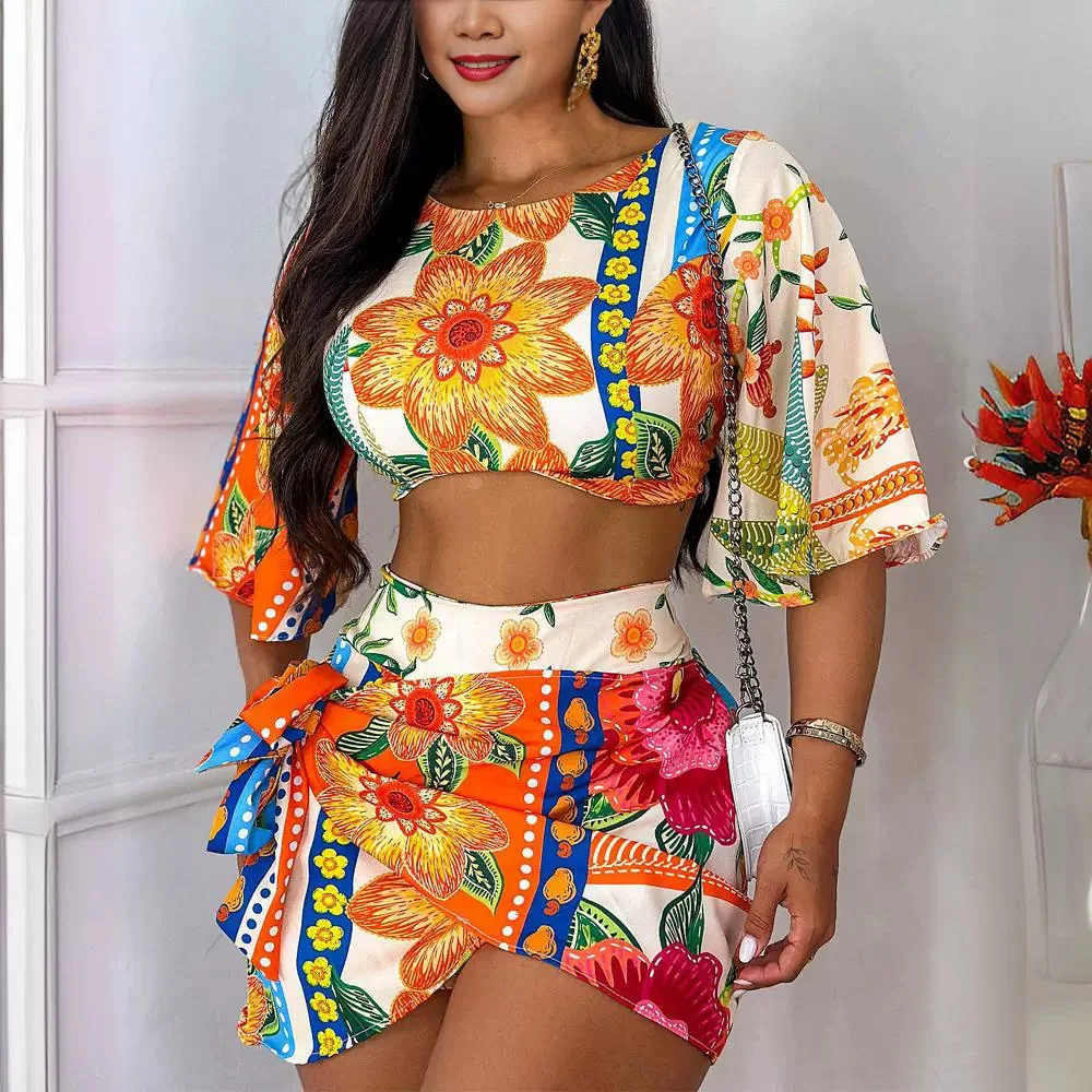 Floral Print Crop Top & Tied Detail Skirt Set Short Sleeve T Shirt Too Blouse High Waist Mini Skirt Women Summer 2pcs Clothes