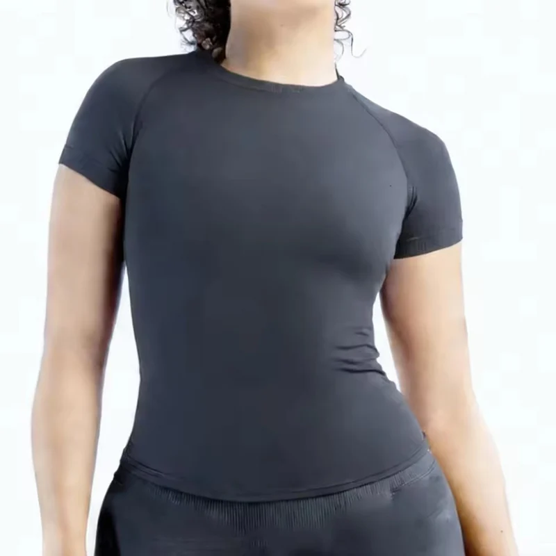Korte mouw yogatop zonder logo, ronde hals, naadloze gymshirt voor dames, hoge stretch sport- en hardloop T-shirts, workout kleding