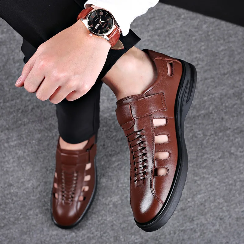 Men Sandals Cozy Hollow Non-slip Soft Cool Lighted Breathable All-match Classic Wearable Fashion Casual Leather Sandals