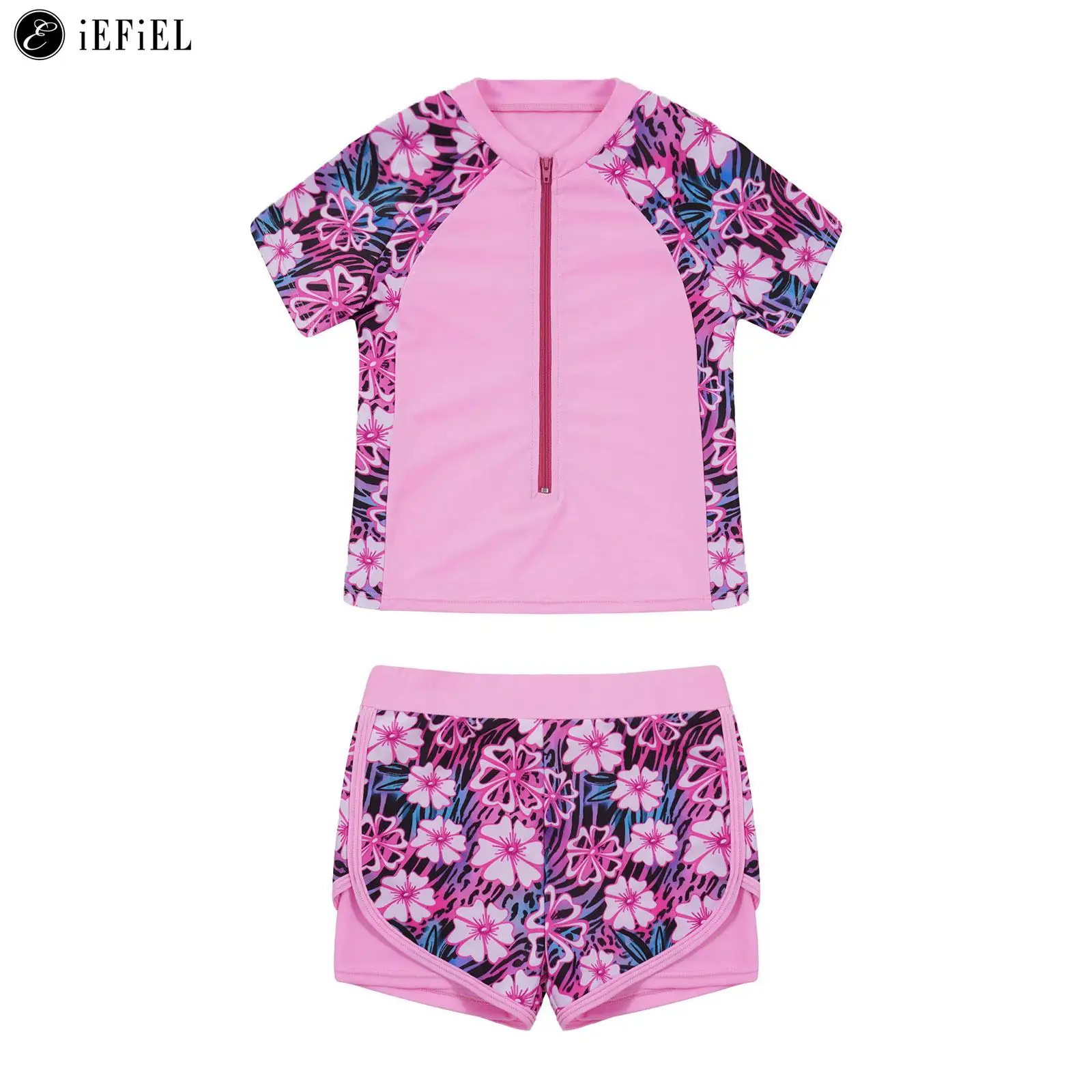 Kids Girls Print Short Sleeves Front Zipper Rashguard Shirt with Swim Shorts Water Sport Tankini Swimwear Bathing Suit Beachwear