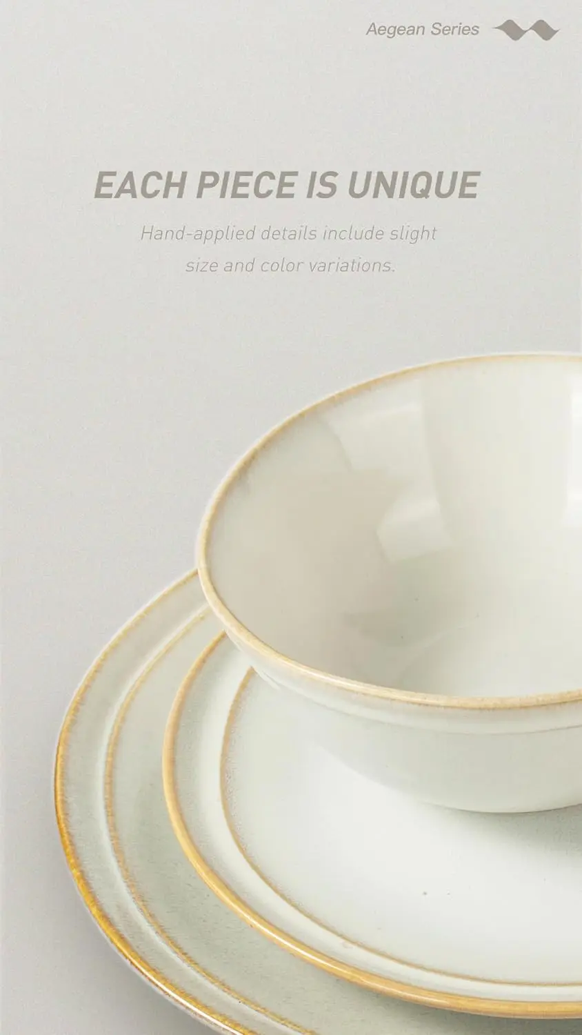 에게해 석기 식기 세트 8인용, 접시 및 그릇 세트, 24피스 스크래치 방지 식기 세트, 수제 불규칙 원형 D