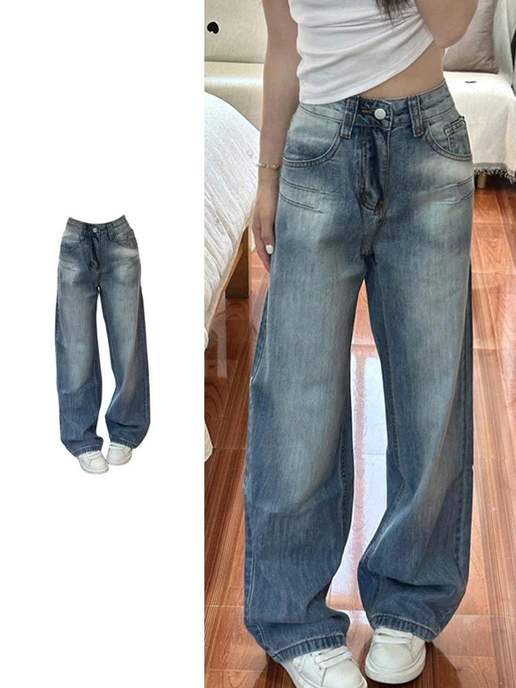 

Washed Denim Jeans Women's High Waist Wide Leg Pants Autumn New Design Fatter Sister Retro Style Floor Length Trendy
