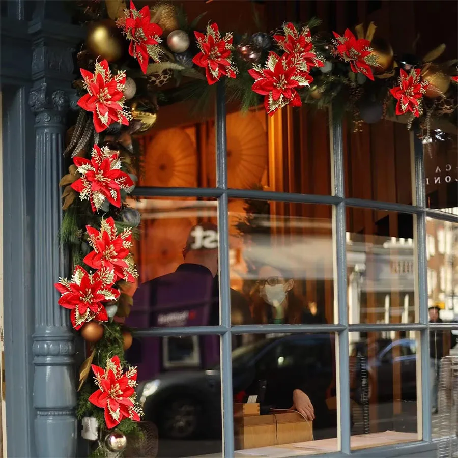 10 Stück 14cm Glitzer-Weihnachtssterne Künstliche Blumen mit Clips DIY Weihnachtsbaum-Ornamente Kranz Kamin-Dekorationen – Detail 4