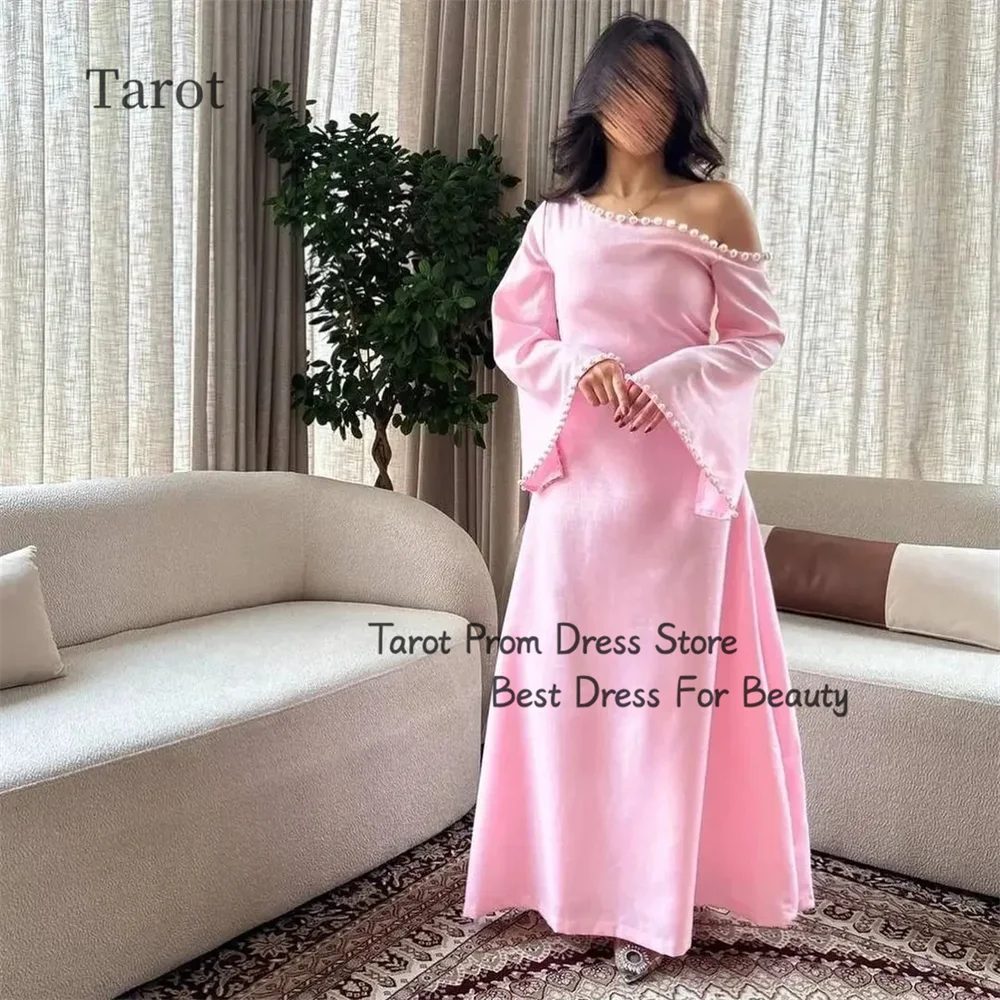 

Tarot Vintage One Shoulder Saudi Prom Dresses A Line Long Sleeves Pearls Evening Dress Open Back Ankle Length فساتين سهرة