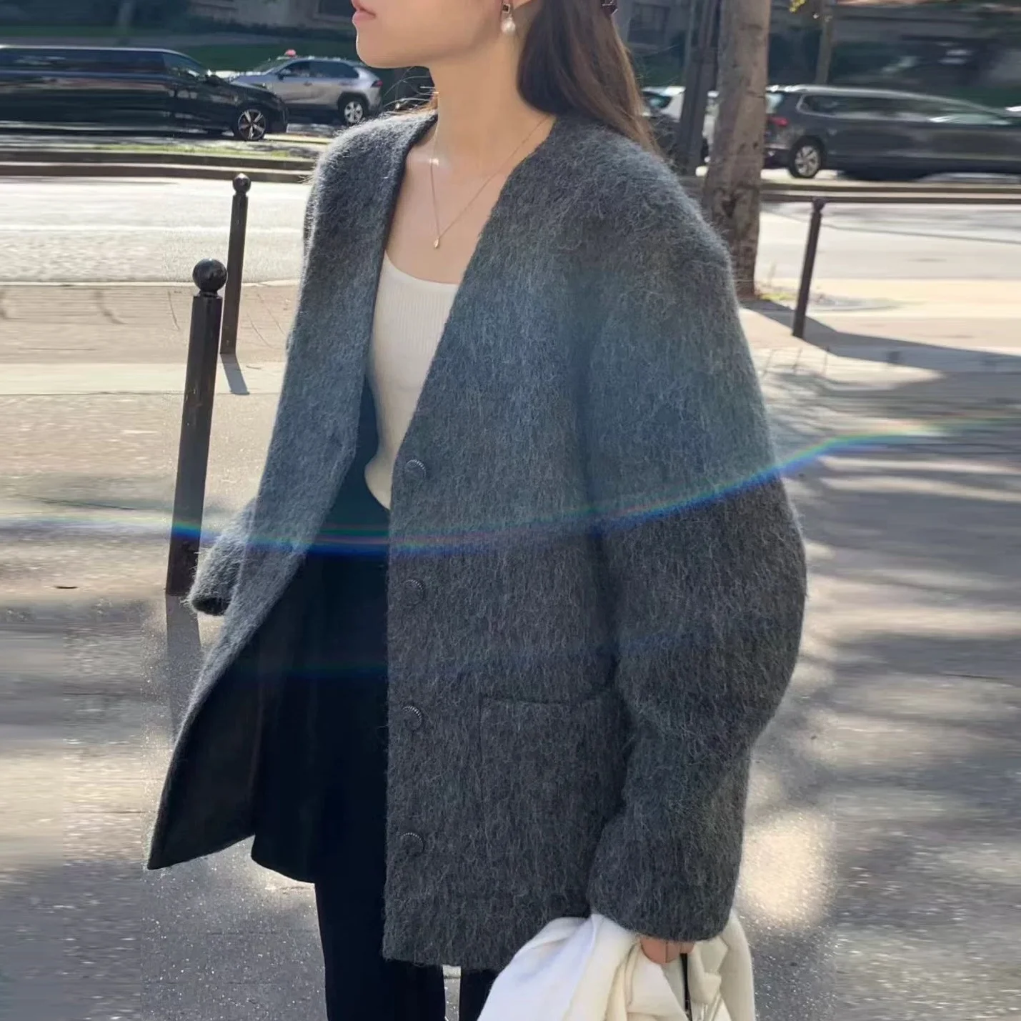 

Women's Woolen Coat V-Ne Long Sve Fluffy Aosphere Sensation Retro Chic Versatile Autumn Winter Korean Sle Commute