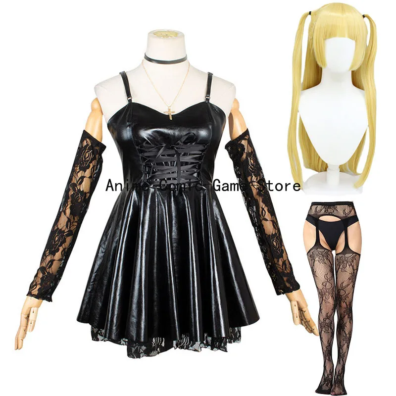 In Stock S-XXL Misa Amane Cosplay Anime Death Note Cosplay Costume Wig Leather Sexy Dress +gloves+stockings+necklace Full Sets