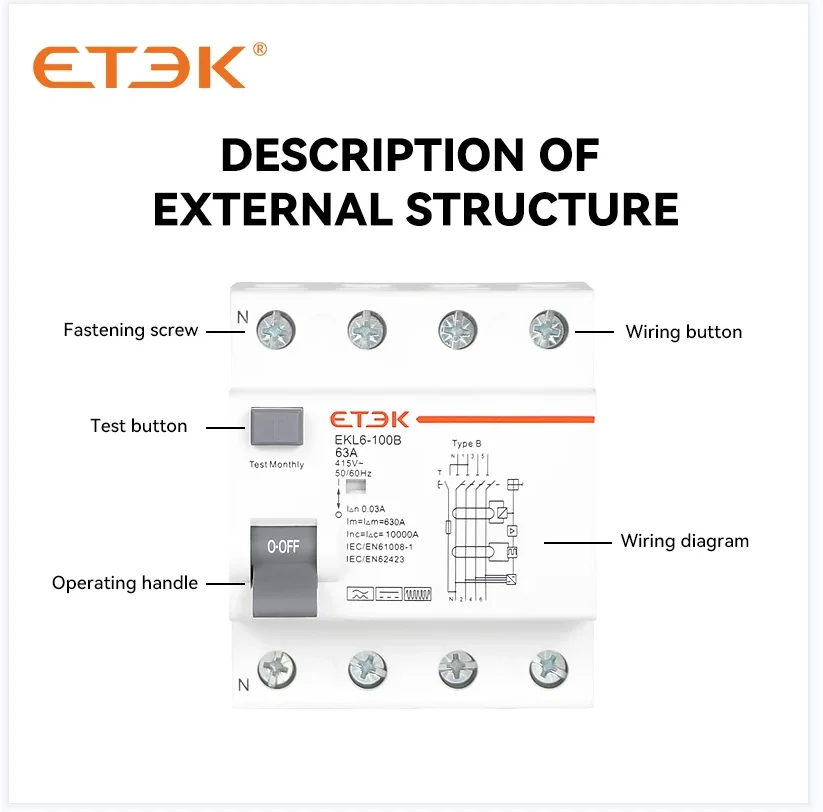 ETEK EKL6-100B TUV dopuszczenie CE 10KA 3P + N 40A 30mA typ B RCCB RCD ELCB