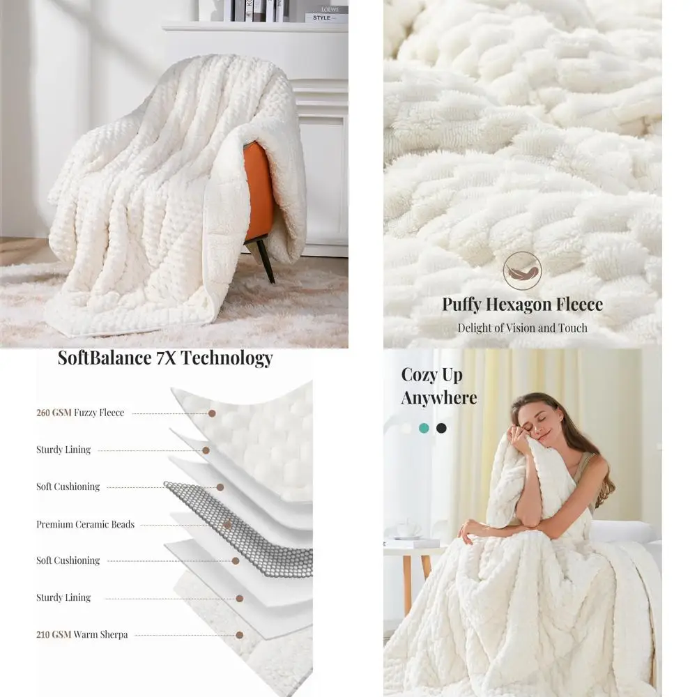 

Cream White 15-Pound Weighted Blanket for Adults, 60" x 80" Sherpa Queen Size, 3D Jacquard Flannel Fleece Design