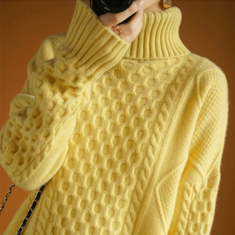 

2023 Women Sweet Pullovers Winter New High Lapel Cashmere Sweater Ladies Heavy Thickening Wool Base Shirt Pull Coreen