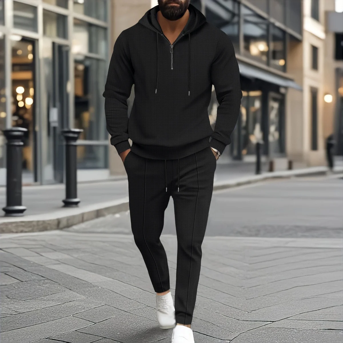 Men's new spring-autumn hooded short zippers casual long-sleeved long pants two-piece set, fashionable street sport top set