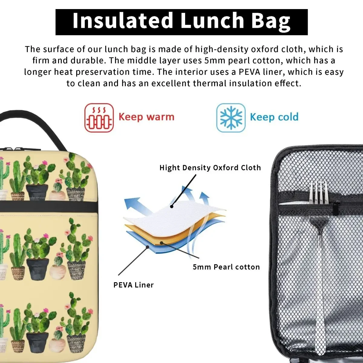 Cactus Insulated Lunch Bag for Women Children Portable Food Boxes Thermal Lunch Box Tote