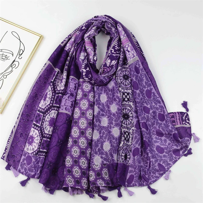 Vintage Viscose Scarves Women Design Aztec Geometric Floral Tassel Shawls And Wraps Pashmina Stole Bufandas Muslim Sjaal180*90Cm