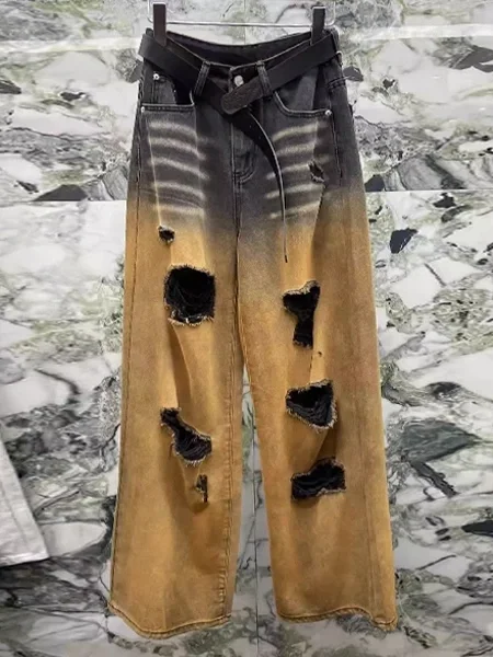 Streetwear Gradient Color Women Hole Jeans Vintage High Waist Loose Y2K Straight Denim Pant Retro Hip Hop Wide Leg Trousers New