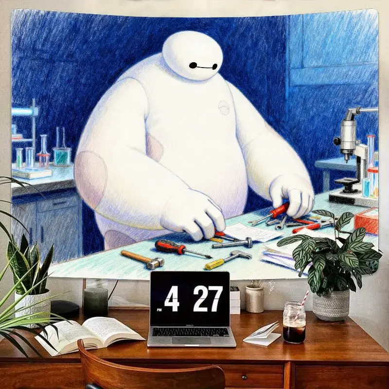 

1 шт., милый гобелен Disney Big Hero 6 Baymax Science Lab, современный полиэстер, настенное искусство, декор для общежития, спальни, гостиной, подарок для Tech Fa