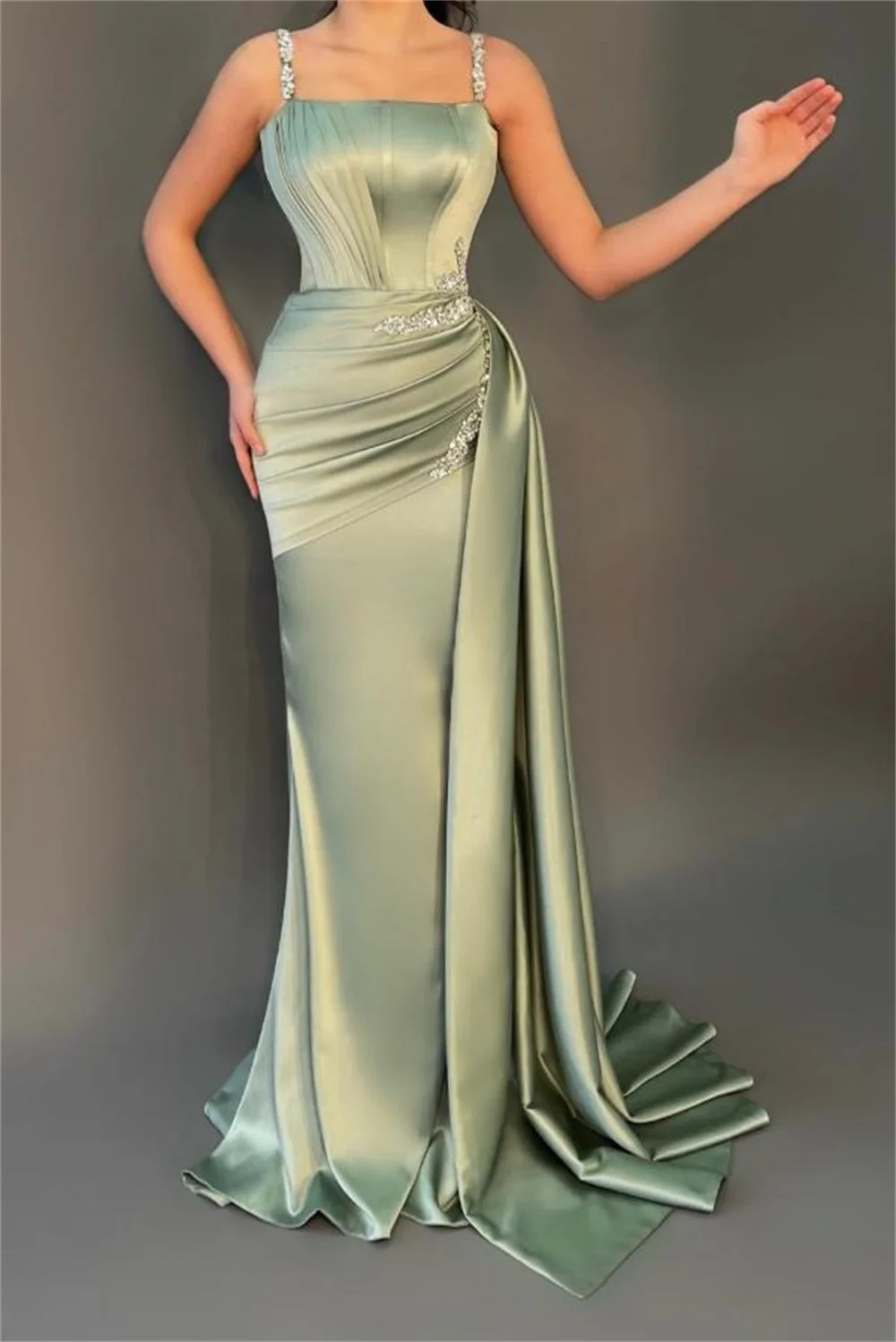 Bella Green Satin Prom Dresses, vestido de casamento Spaghetti Strap, elegante sem mangas, pregas até o chão, 2022