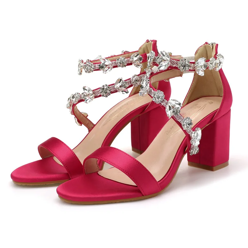 

Женские босоножки на толстом каблуке с одним словом, атласные туфли на высоком каблуке со стразами